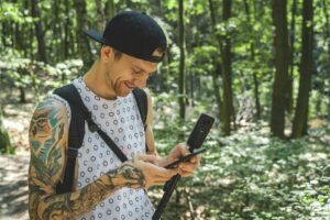 A content creator using portable gear to record on the go