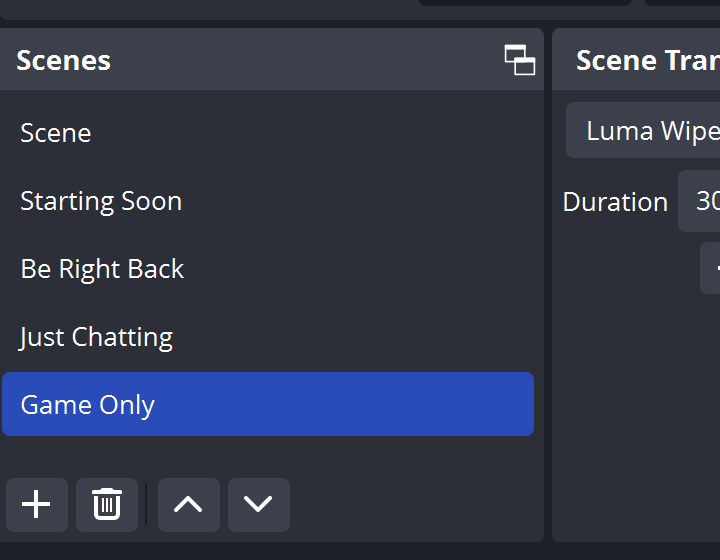 screenshot of scenes module in obs studio for tutorial