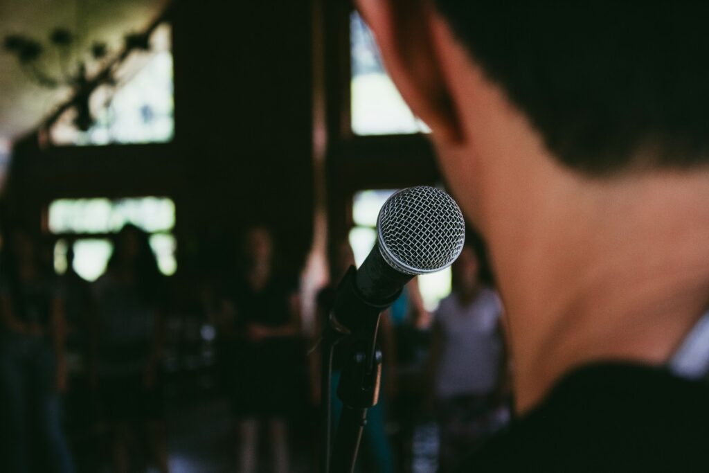 Public speaking at an event.