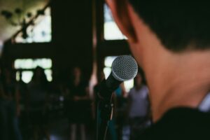 Public speaking at an event.