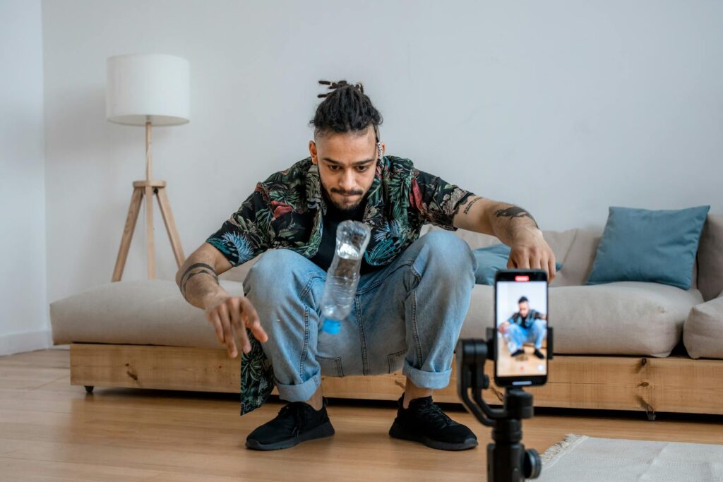 A content creator recording a youtube short video to grow his youtube channel
