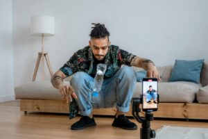 A content creator recording a youtube short video to grow his youtube channel