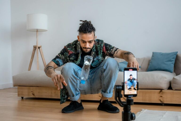 A content creator recording a youtube short video to grow his youtube channel