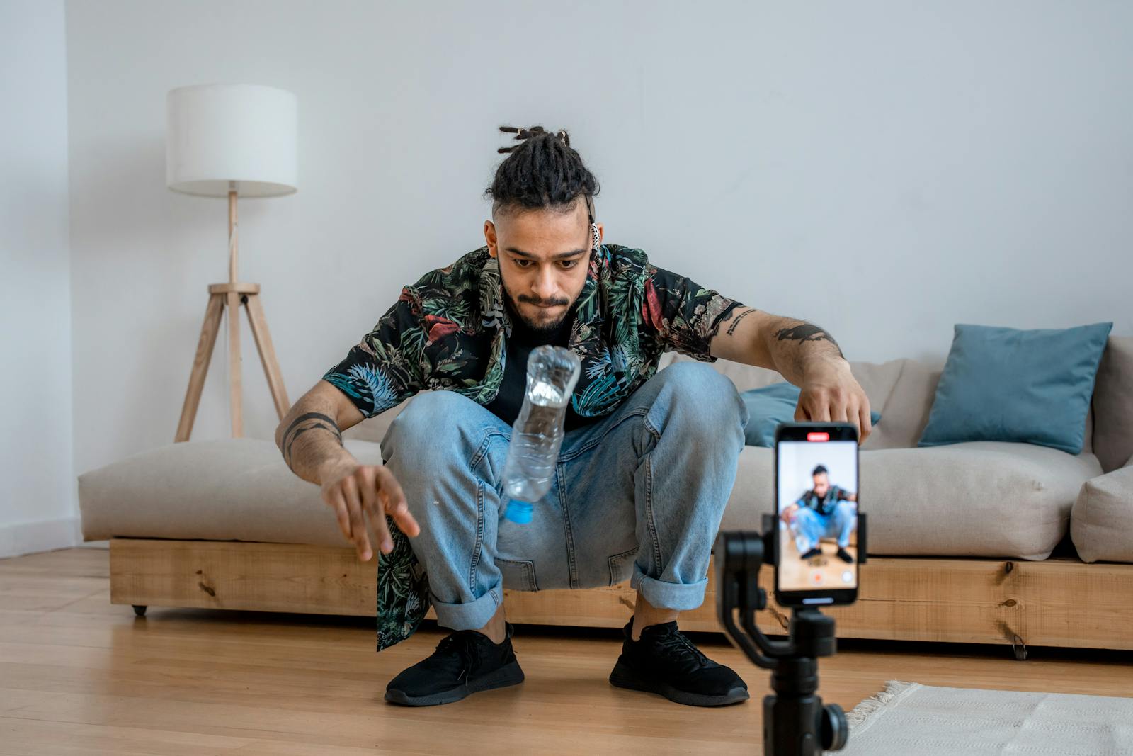 A content creator recording a youtube short video to grow his youtube channel